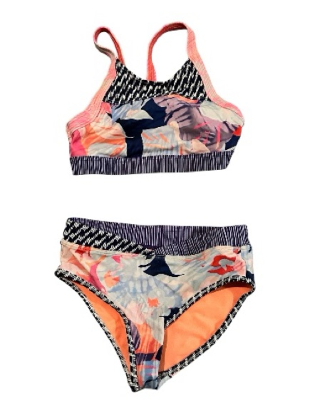 Athleta Girls Floral Print Bikini Set in Navy, Coral, Pink Size M (8-10)